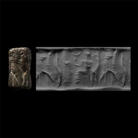 Western Asiatic Steatite Cylinder Seal with Deity and Beasts