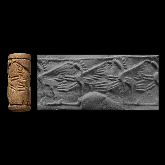Neo-Assyrian Buff Stone Cylinder Seal with Gryphons