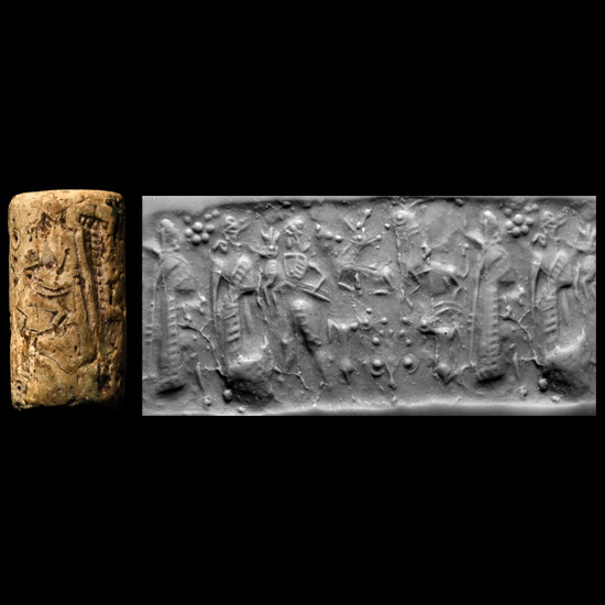 Western Asiatic Buff Steatite Cylinder Seal with Figural Scene