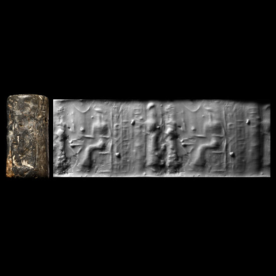 Western Asiatic Grey Stone Cylinder Seal with Presentation Scene