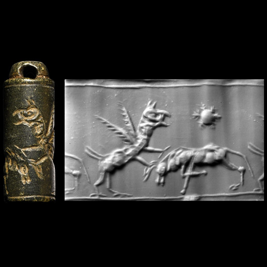 Achaemenid Grey Stone Cylinder Seal Pendant with Gryphon and Ibex