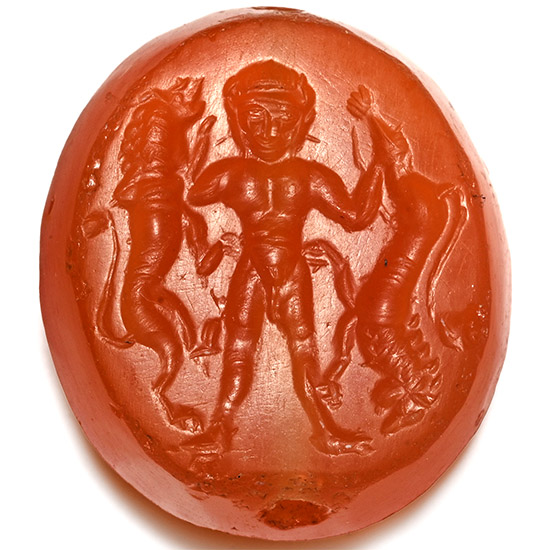 Eastern Greek Carnelian Scaraboid Gemstone with Nude Hero Holding Lions