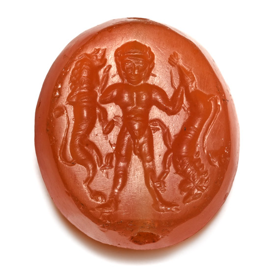 Eastern Greek Carnelian Scaraboid Gemstone with Nude Hero Holding Lions