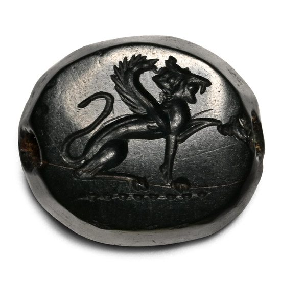 Eastern Greek Green Scaraboid Gemstone with Gryphon