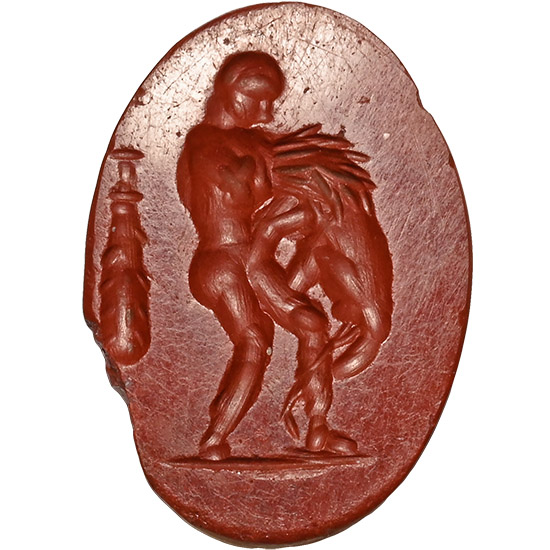 Roman Red Jasper Magical Stomach Amulet with Hercules Fighting a Lion