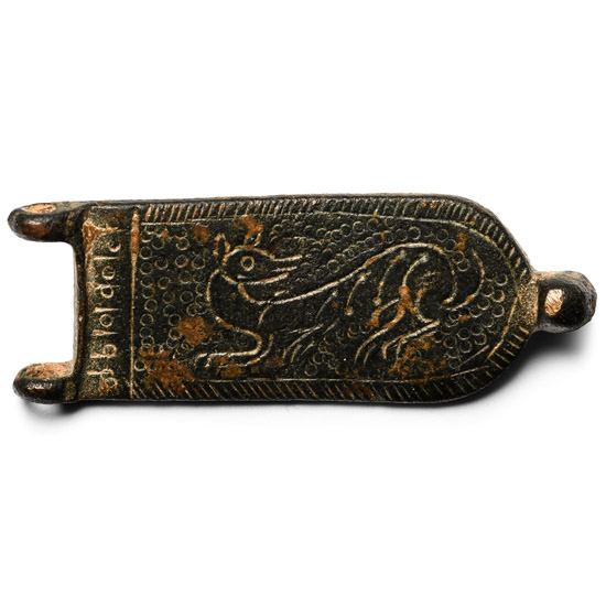 Byzantine Bronze Strap End with Beast Facing Back