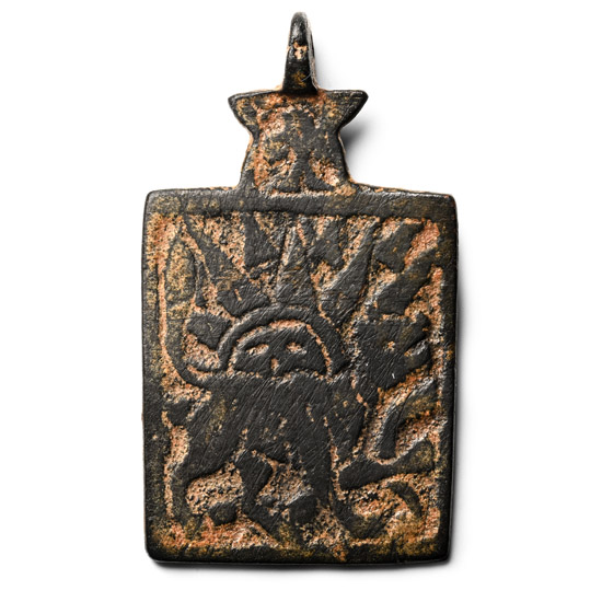 Western Asiatic Bronze Bifacial Horse Harness Pendant with Sun and Lion and Inscription