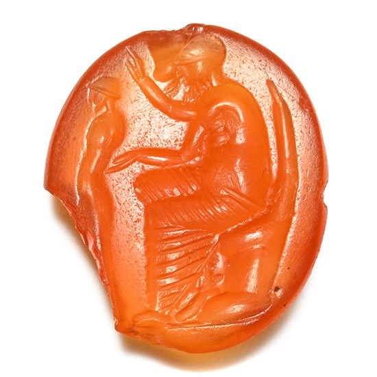 Graeco-Roman Carnelian Gemstone with Seated Sculptor and Herm