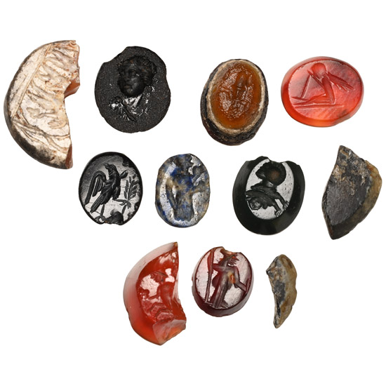 Roman Stone and Glass Gem Collection Including Bust of Caracalla