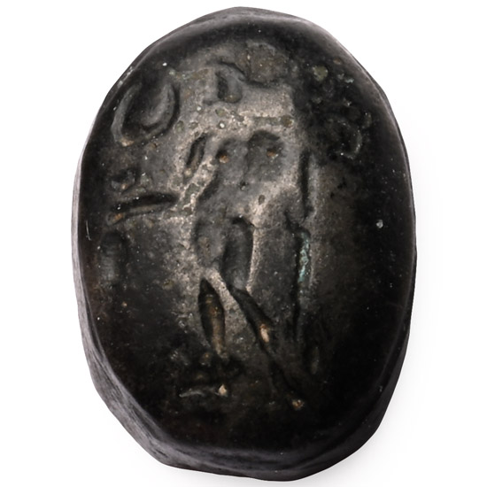 Roman Black Stone Intaglio with Standing Figure of Mercury