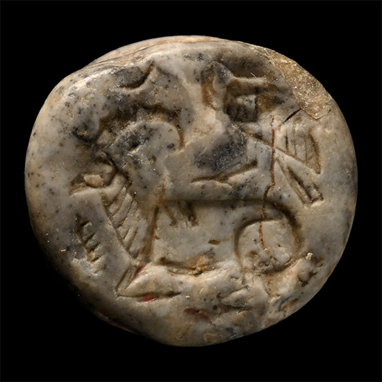 Western Asiatic Grey Marble Stone Stamp Seal with Bird and Ibex