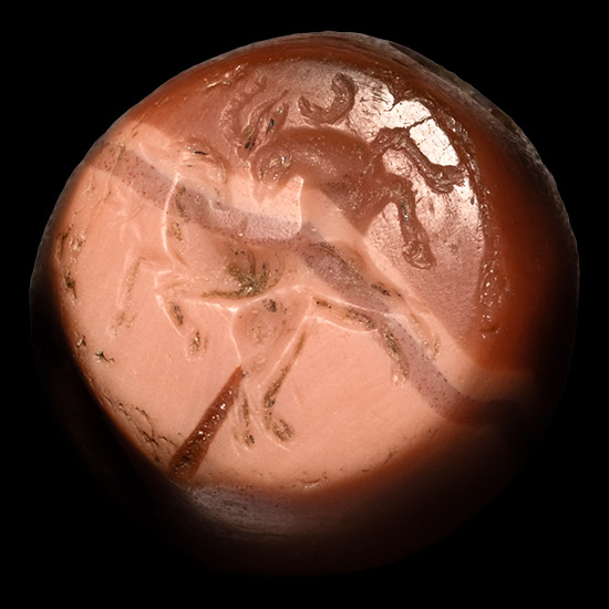 Sasanian Pink Banded Agate Stamp Seal with Two Ibexes