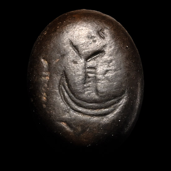 Neo-Babylonian Black Stone Stamp Seal with Figure in Boat