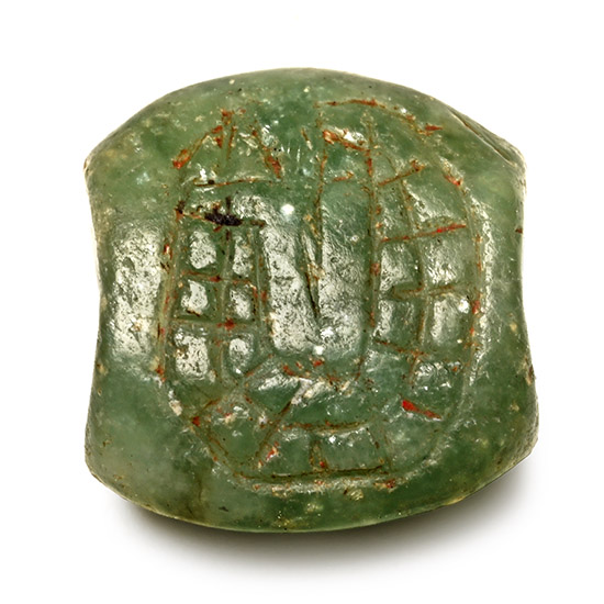Post Minoan Bifacial Green Stone Stamp Seal with Segmented Snake