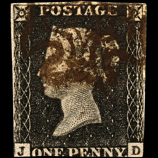 Victorian Penny Black with Dark Brown Maltese Cross