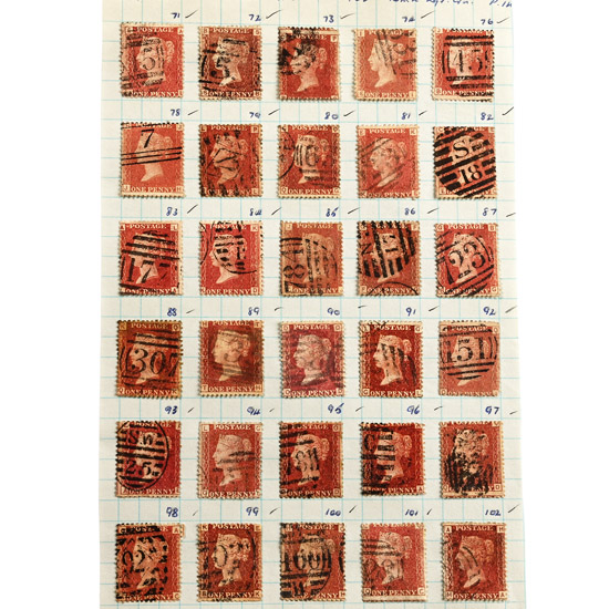 Victorian Penny Red Stamps with Plate Numbers 71 to 102