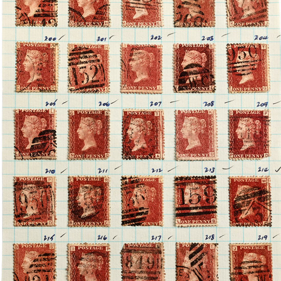 Victorian Penny Red Stamps with Plate Numbers 195 to 224