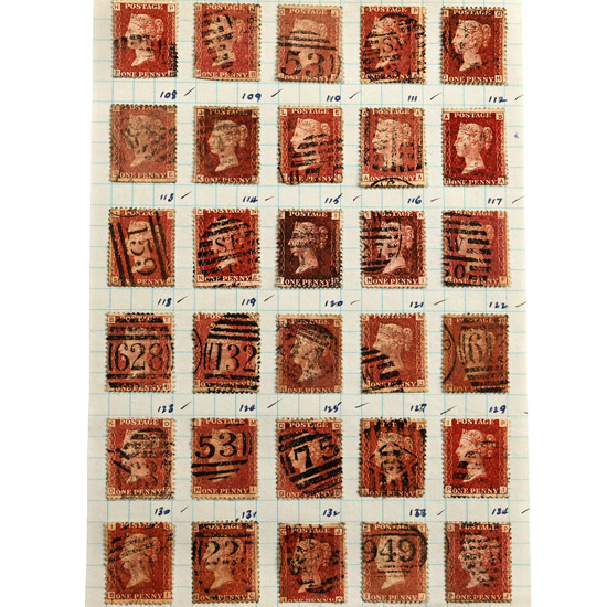Victorian Penny Red Stamps with Plate Numbers 103 to 134