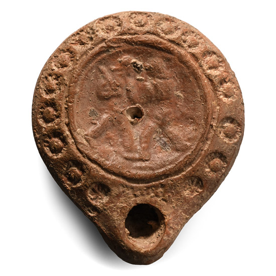 Roman Terracotta Oil Lamp with Fighting Gladiators