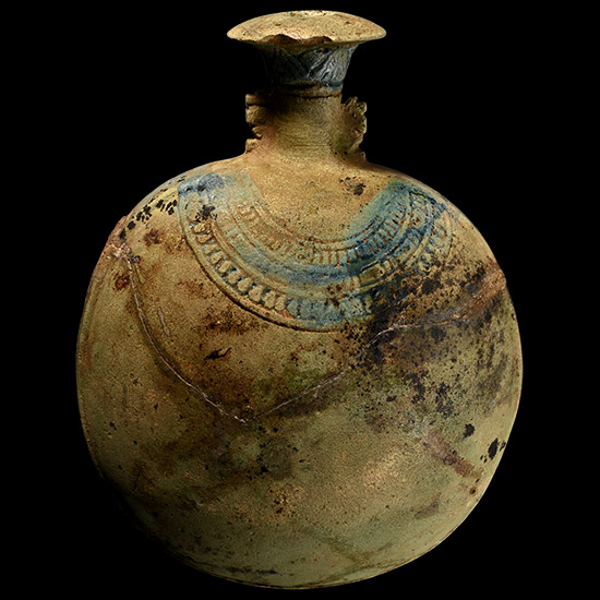 Egyptian Glazed Faience New Year Flask with Baboons