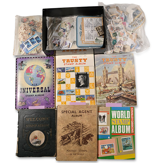Collection of World Stamps in Six Albums and Various Bags