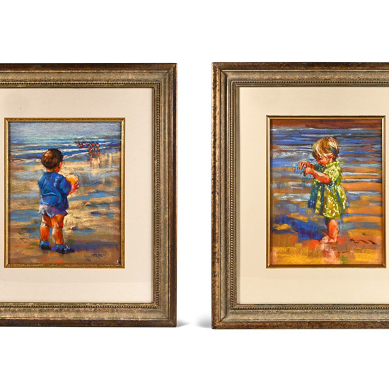 Pair of Pastel Paintings of Children on a Beach by Sue McDough