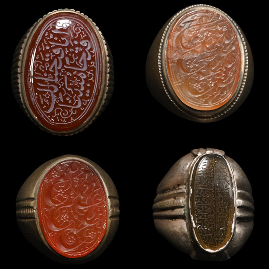 Western Asiatic Silver-Coloured Metal Rings with Calligraphic Gemstones