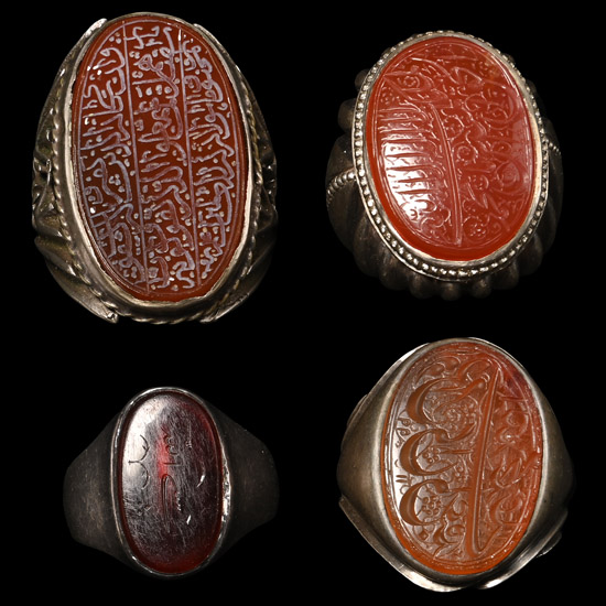Western Asiatic Silver-Coloured Metal Rings with Calligraphic Gemstones