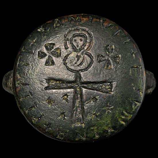Large Byzantine Bronze Ring with Cross and Saint