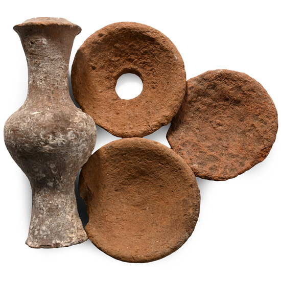 Greek Terracotta Spindle-Flask and Votive Plate Group