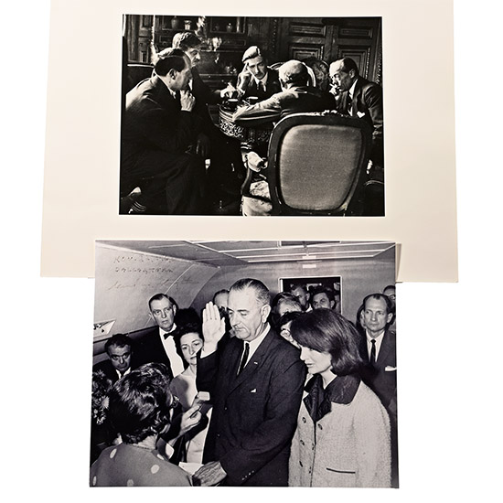 Anthony Eden, Pierre Laval, Francois Piétri, and Henri Berenger meeting by Lucian Aigner; Cecil Stoughton, Lyndon B Johnson being sworn in as president after the assassination of J.F.K.