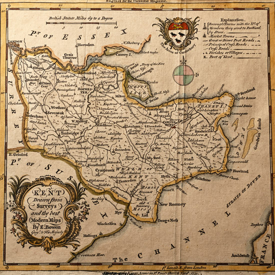 Original Antique Map of Kent by E. Bowen