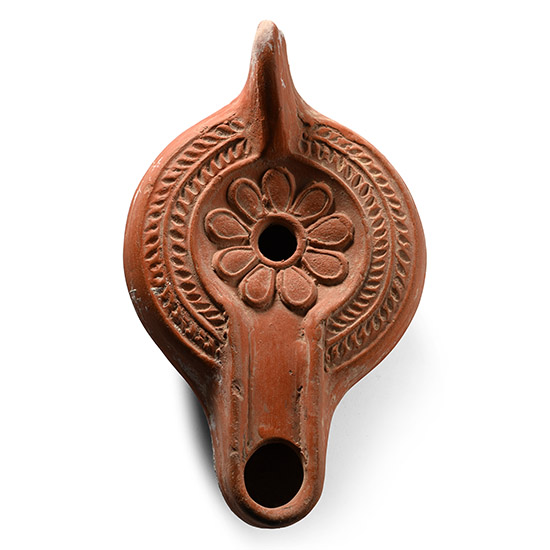 Late Roman Terracotta Oil Lamp with Nine-Petalled Flower
