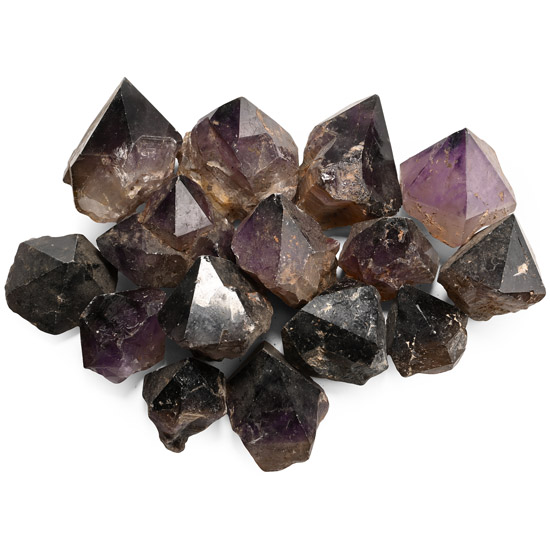 Group of Fourteen [14] Large Amethyst and Smoky Quartz Crystal Points
