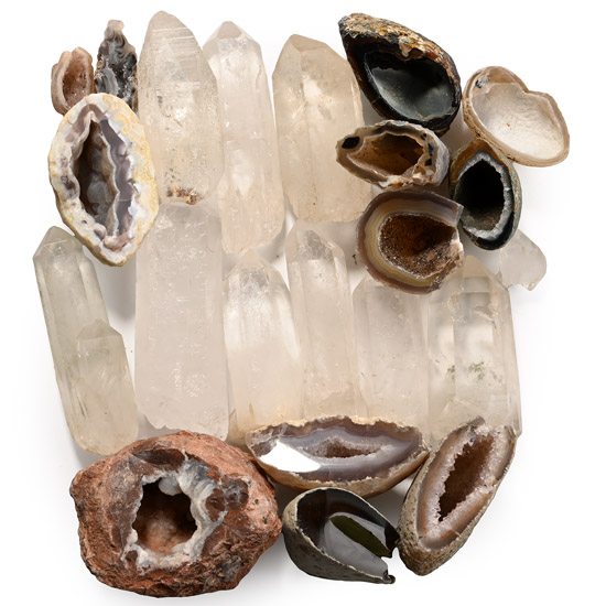 Group of Twenty-Two [22] Agate Crystal Geode Halves and Rock Crystal Quartz Points
