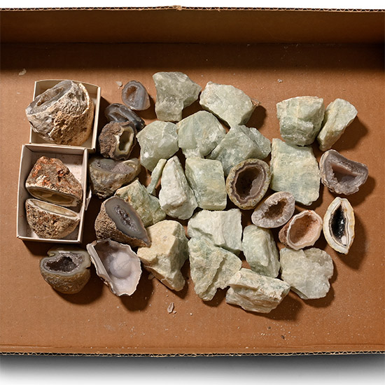 Group of Thirty-Two [32] Cut Half Agate Geode and Blue Calcite Mineral Specimens