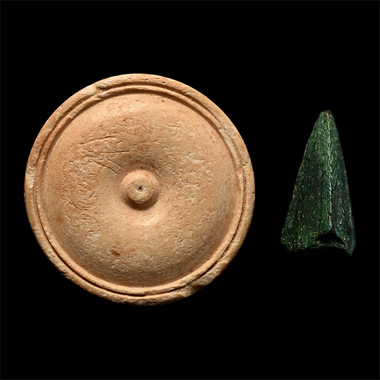 Egyptian Bone Gaming Counter and Bronze Arrow Tip