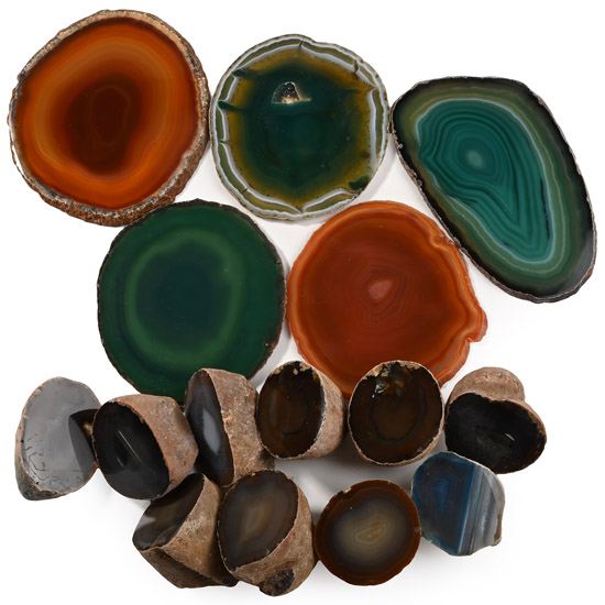 Group of Fifteen [15] Cut and Polished Agate Geode Slices and Halves