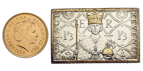 Great Britain. Elizabeth II Coronation Anniversary AR Ingot and AV Sovereign Coin Set.