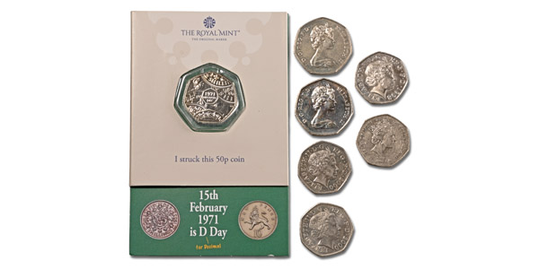 Group of Seven [7] Elizabeth II Commemorative 50 Pence Pieces.
