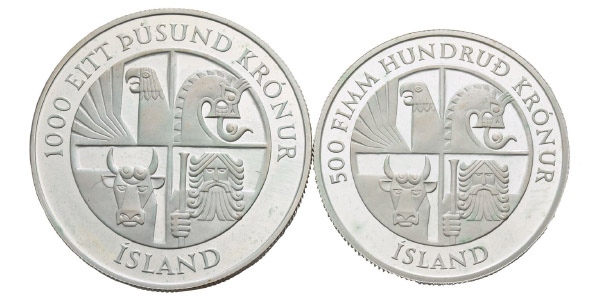 Iceland. First Settlement Commemorative AR 1000 and 500 Kronur.