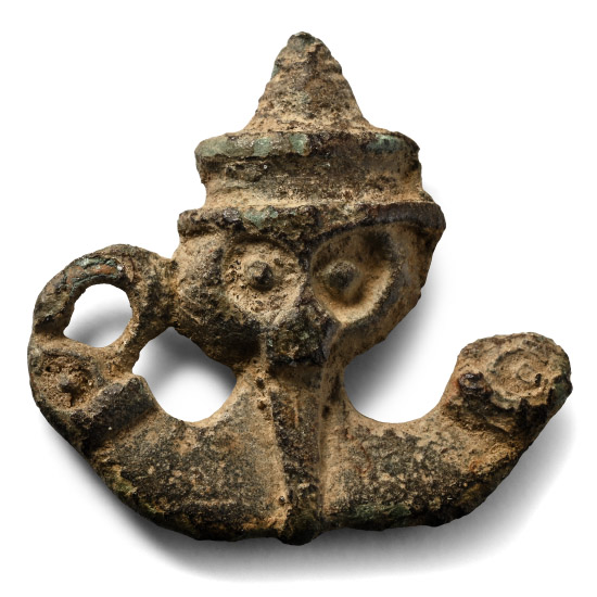 Anglo-Saxon Bronze Florid Brooch Terminal with Moustached Face