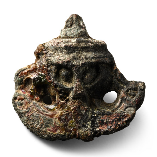 Anglo-Saxon Bronze Florid Brooch Terminal with Moustached Face