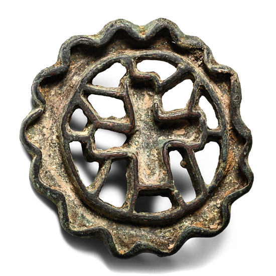 Large West Central Asian Bronze Scalloped Seal Matrix with Greek Cross