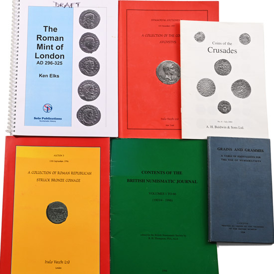 Numismatic Books on Crusades, Celtic, Augustus, Republican, BNJ, and a Draft Copy of Roman Mint of London Coins - 6 Titles
