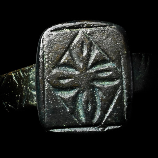 Medieval Bronze Ring with Petalled Cross in Lozenge