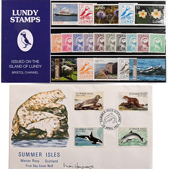 Set of Twenty [20] Mint Stamps from the Island of Lundy and Artist Signed Scotland Wildlife First Day Cover