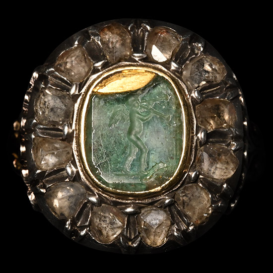 Diamond Locket Ring Set with Emerald Intaglio of Amor, God of Love, Playing Diaulos