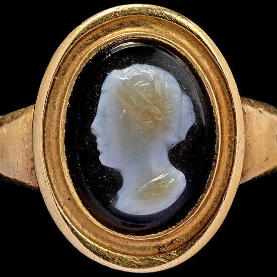 Post Medieval Banded Agate Cameo of a Woman in Gold Ring