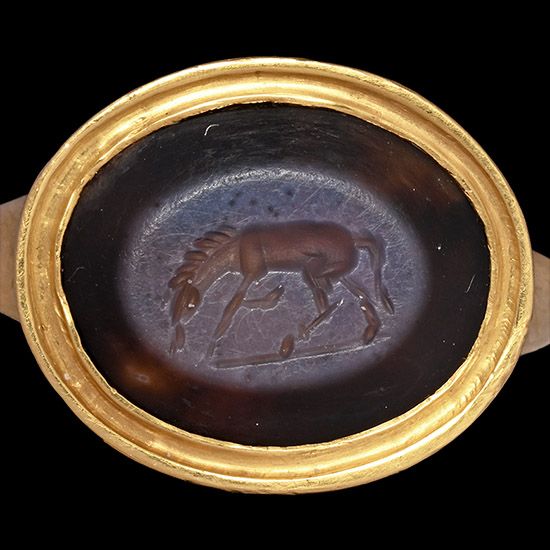 Roman Nicolo Gemstone of a Grazing Horse in Gold Ring